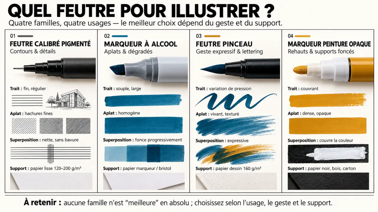Comparatif visuel des meilleurs feutres pour le dessin d’illustration selon l’encre, la pointe et le support