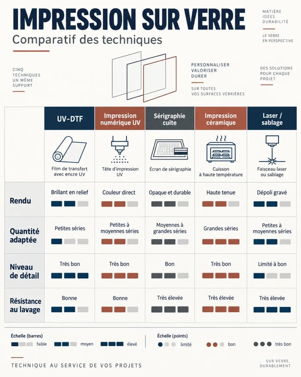 Impression sur verre : comparaison des techniques UV-DTF, sérigraphie, impression céramique, laser et sablage