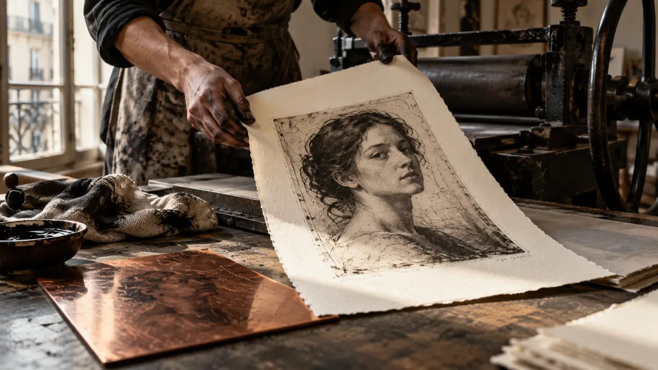 Plaque gravée et portrait imprimé en pointe sèche dans un atelier parisien