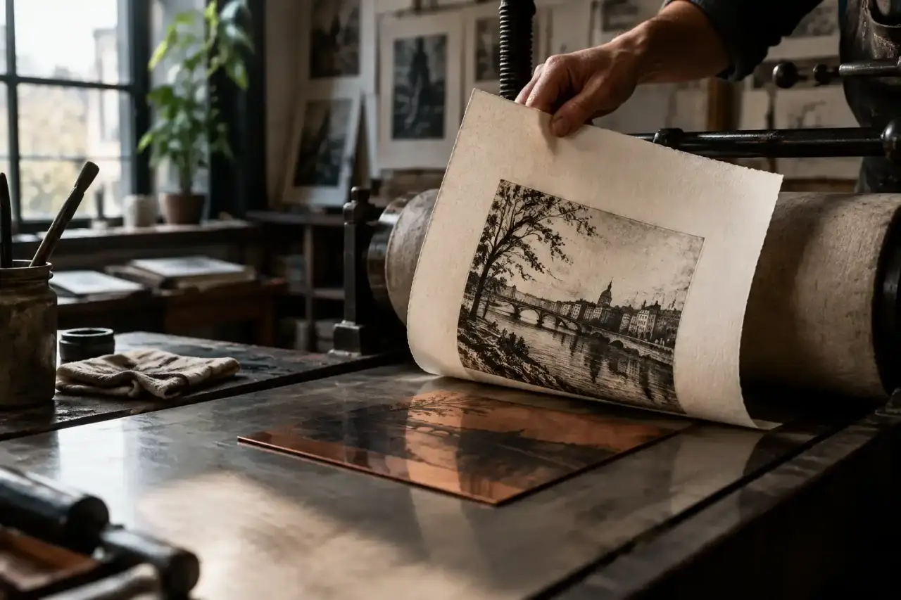 Plaque de cuivre encrée et estampe fraîchement imprimée dans l’atelier Néo-Gravure