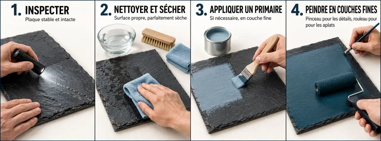 Étapes de peinture sur ardoise naturelle, du nettoyage à l’application des couches fines