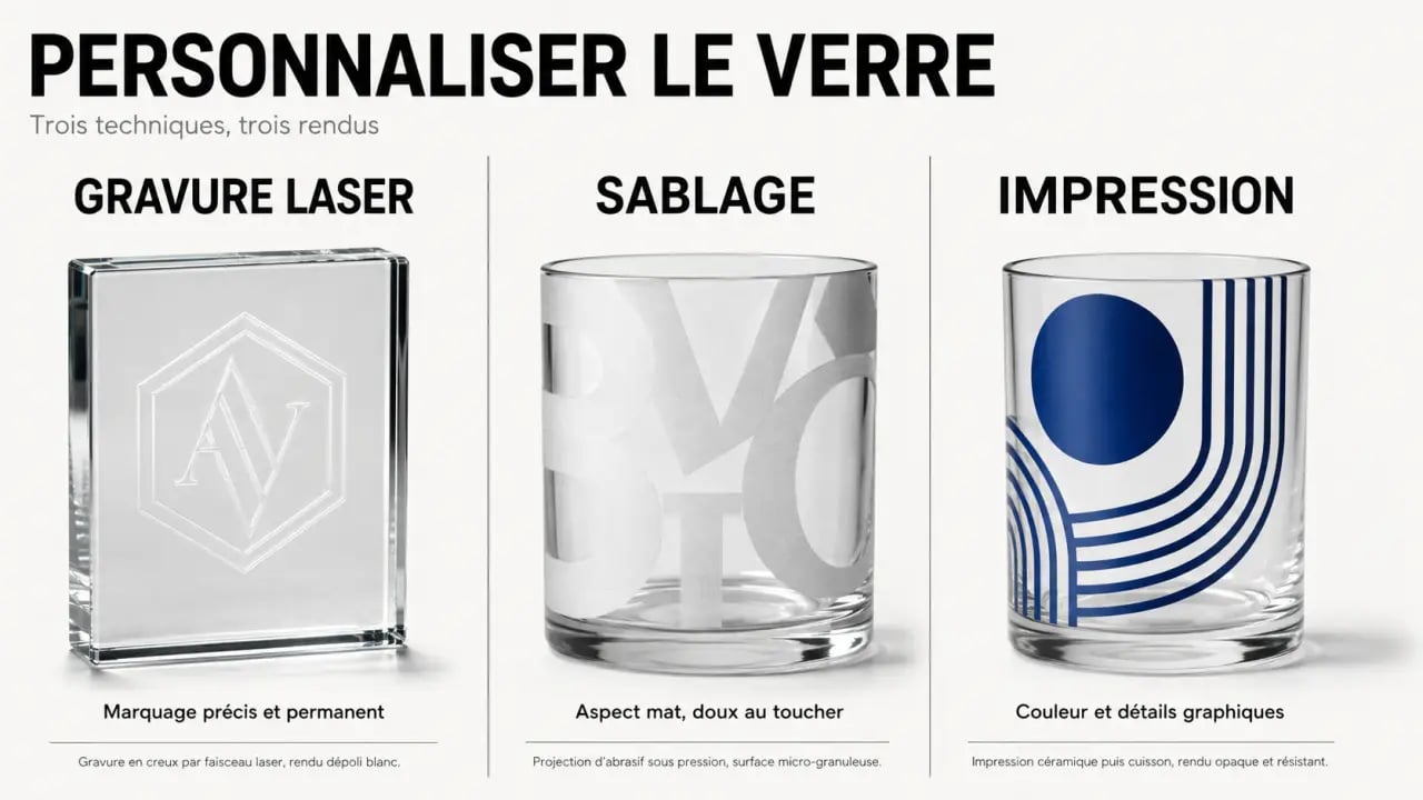 Gravure sur verre : comparaison visuelle entre gravure laser, sablage et impression