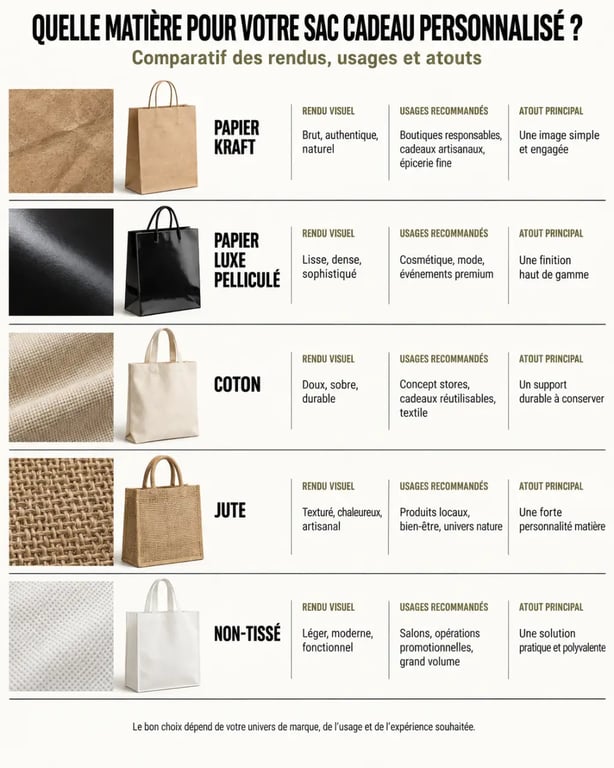 Infographie comparative des matières pour un sac cadeau personnalisé