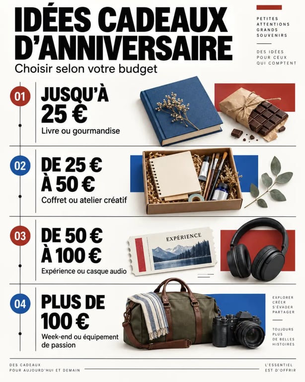 Infographie des cadeaux anniversaire selon quatre tranches de budget