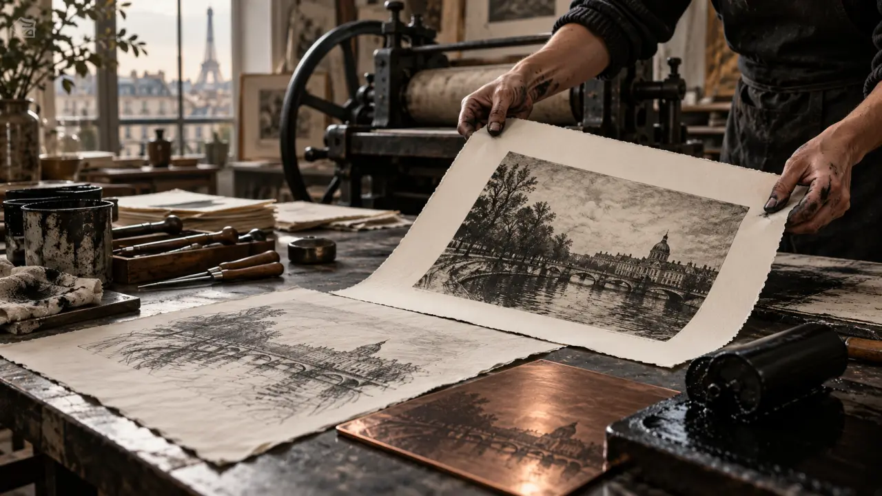 Plaque de cuivre gravée et estampe contemporaine fraîchement imprimée dans un atelier