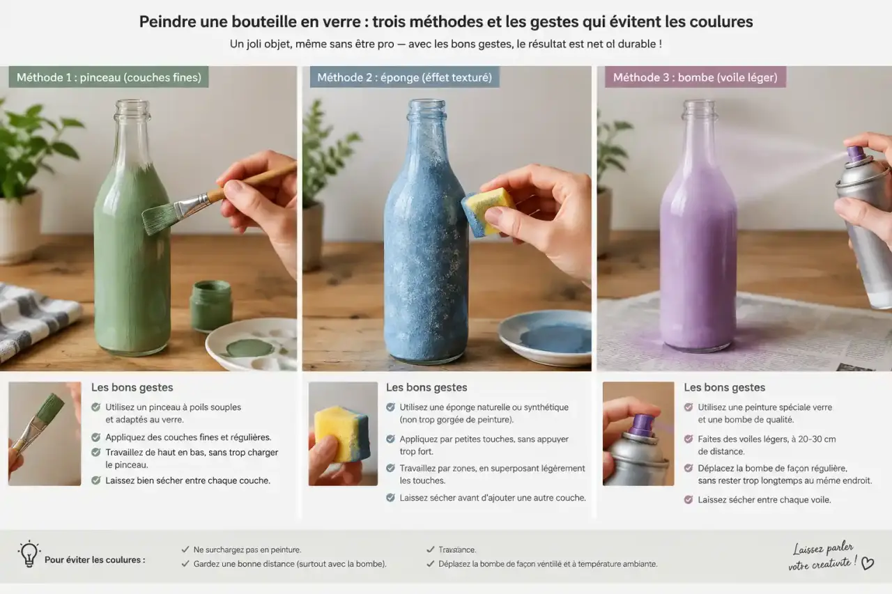 Peindre une bouteille en verre : trois méthodes et les gestes qui évitent les coulures