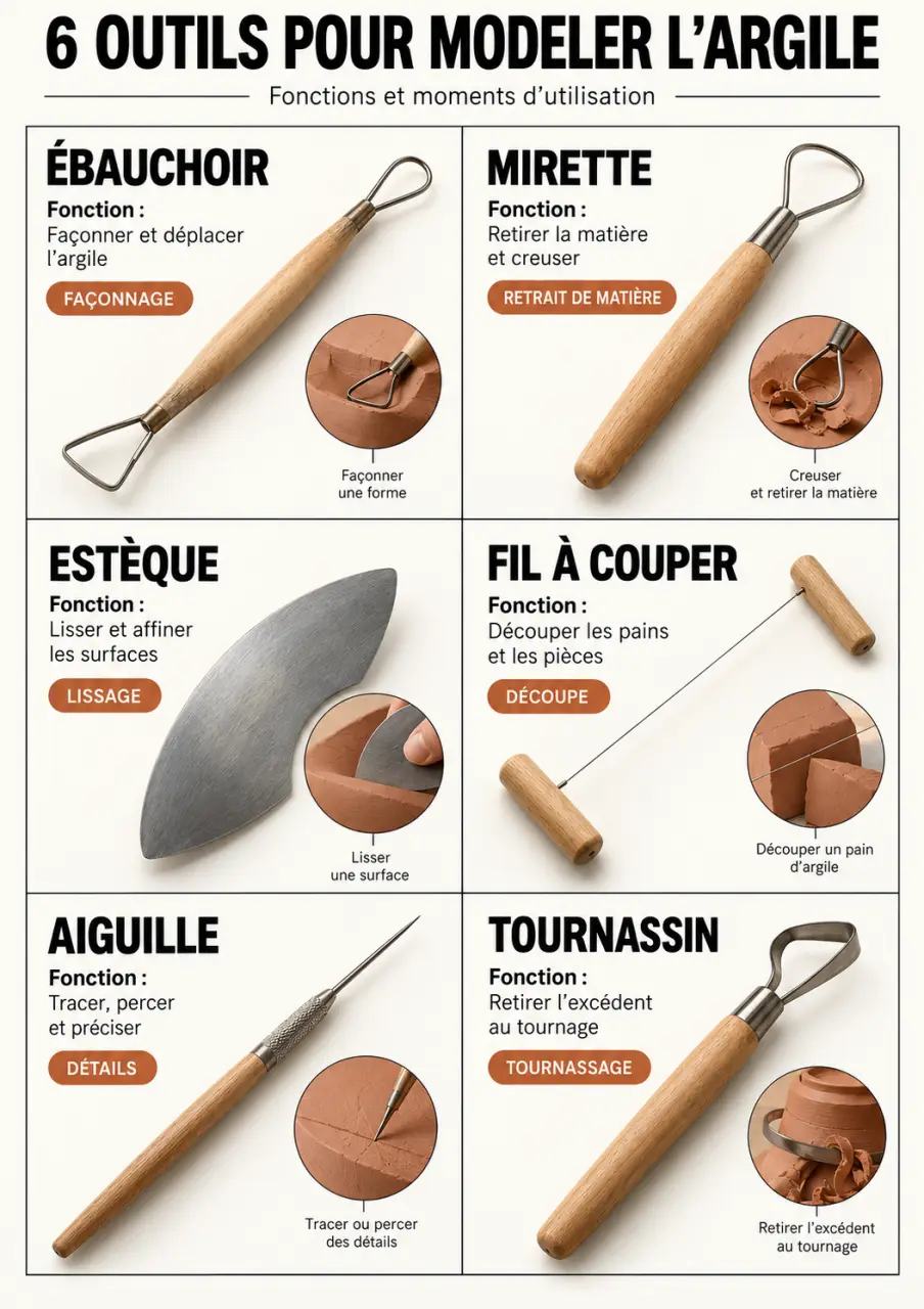 Outils de modelage argile et fonctions de l’ébauchoir, de la mirette et de l’estèque
