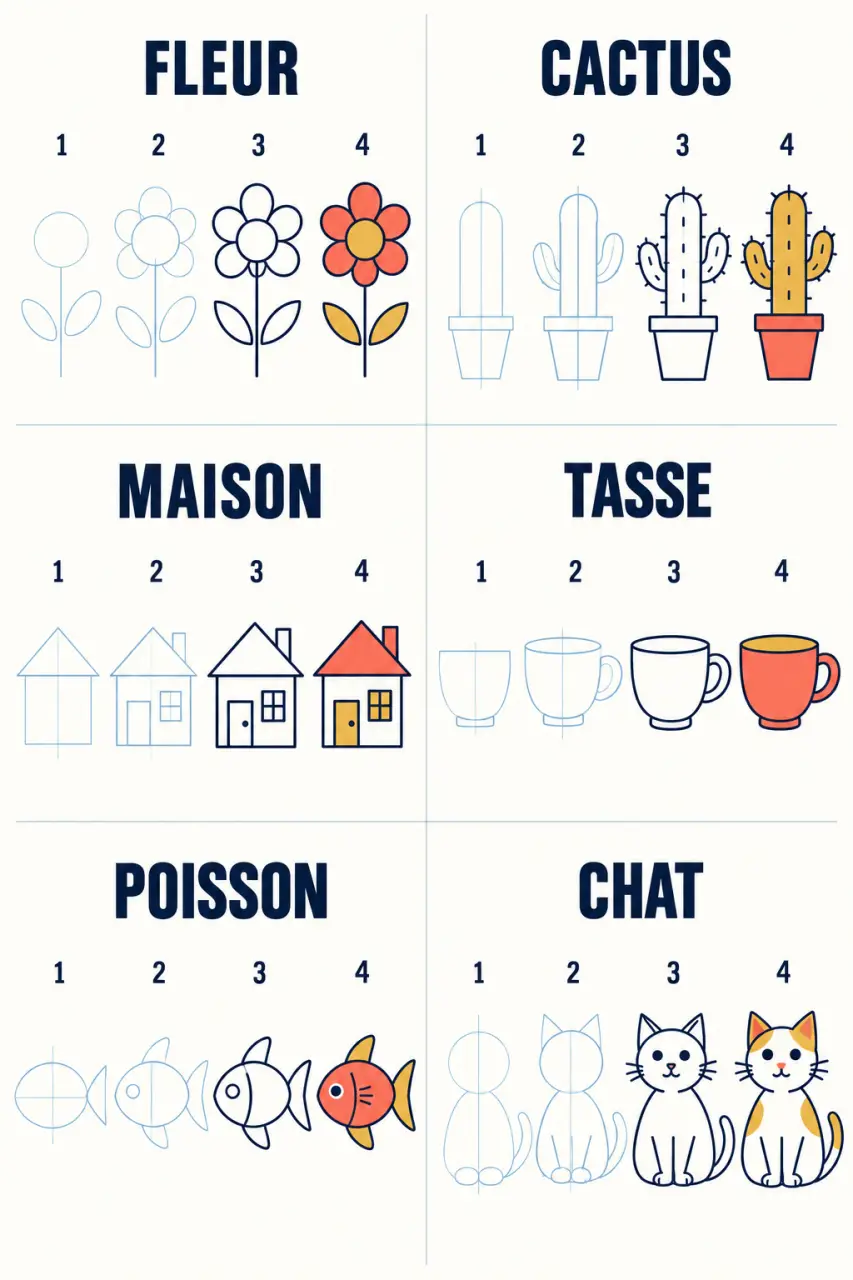 Modèles de dessins facile décomposés en formes simples : fleur, cactus, maison, tasse, poisson et chat