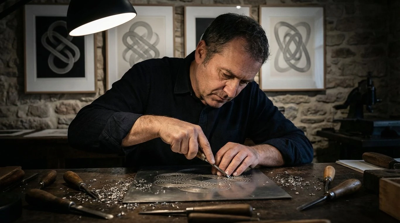 Portrait en noir et blanc de Julien Caron dans son atelier avec des plaques de cuivre gravées exposées