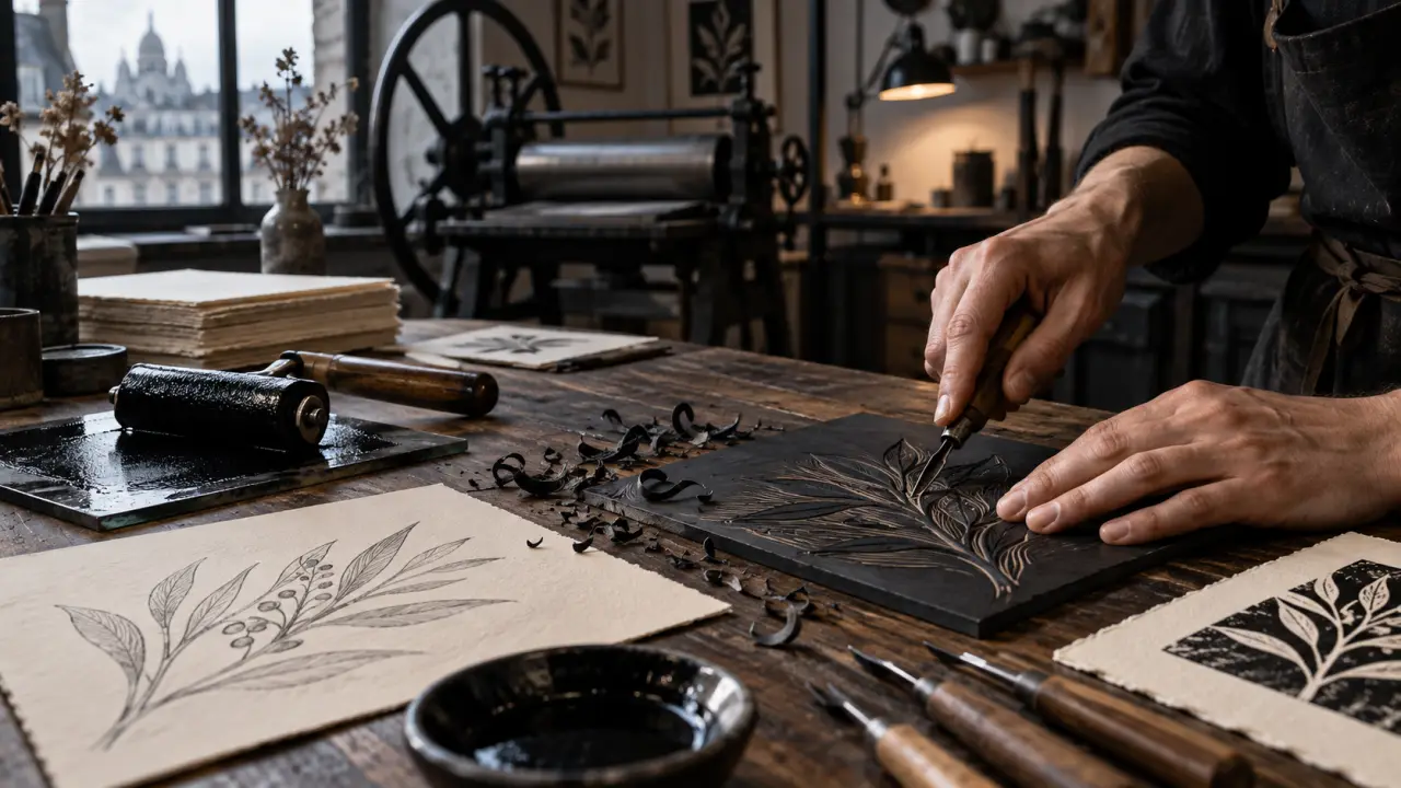 Plaque de linoléum gravée et estampe fraîchement imprimée dans un atelier