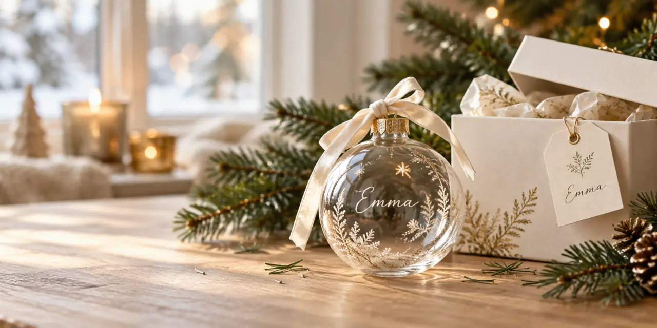 Une boule de Noël en verre devient un souvenir durable, du prénom au coffret personnalisé