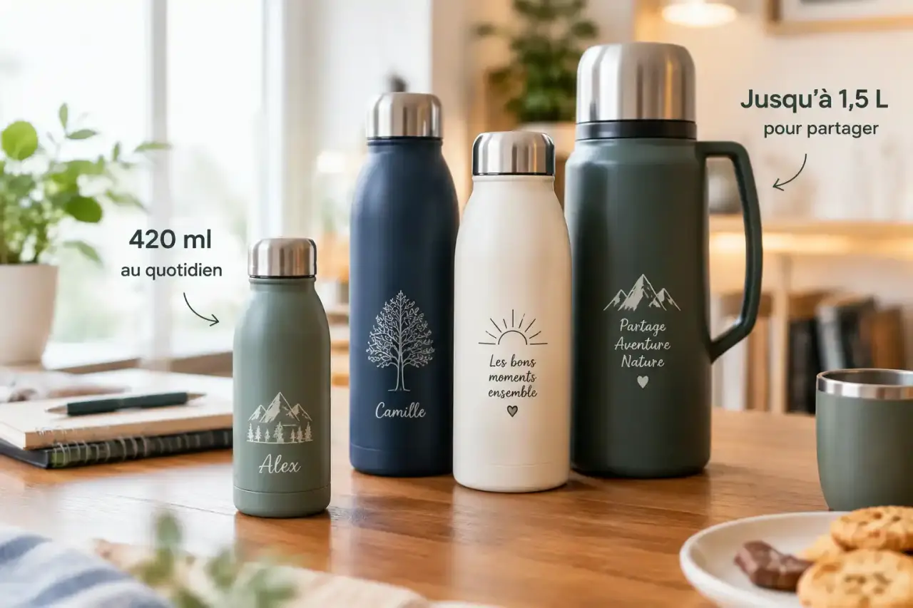 Thermos personnalisé : 420 ml au quotidien, jusqu’à 1,5 L pour partager