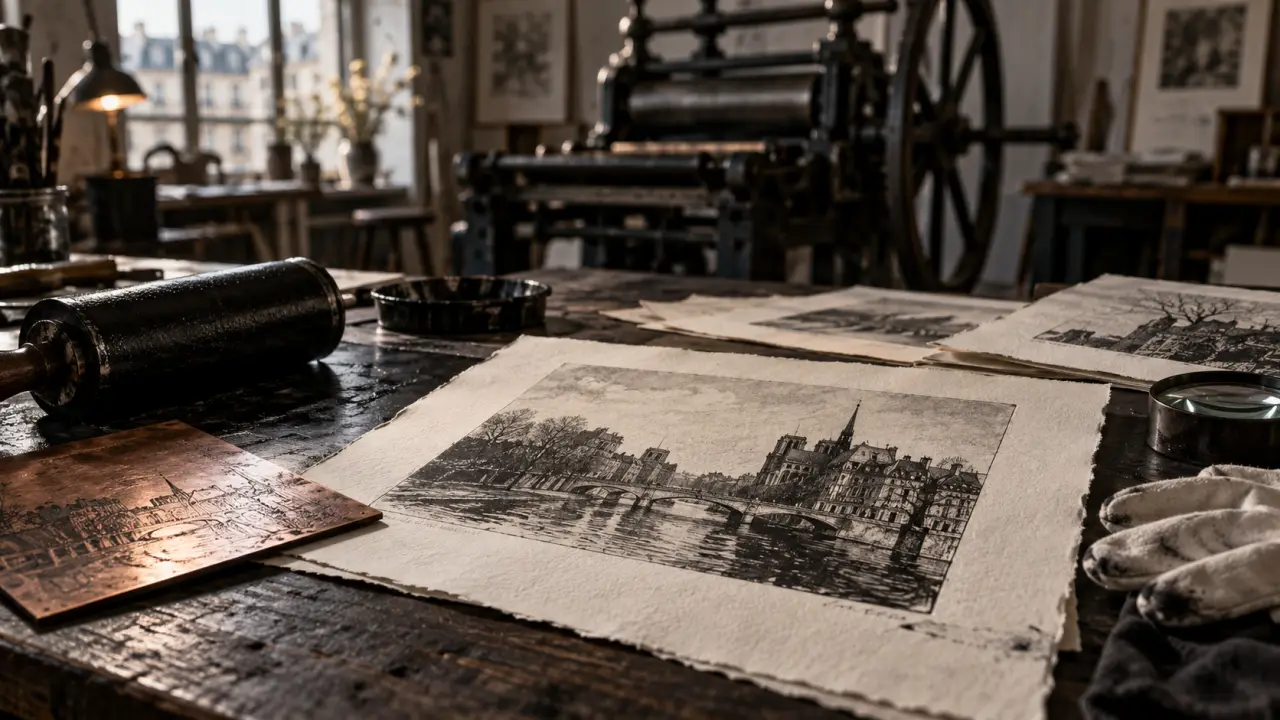 Plaque de cuivre encrée et estampe contemporaine fraîchement imprimée dans un atelier de gravure