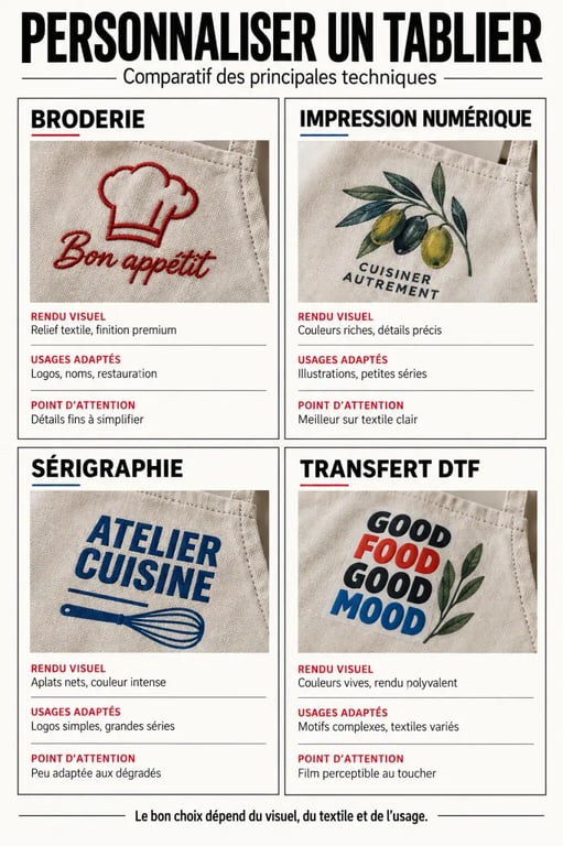 Personnaliser tablier : comparaison visuelle de la broderie, de l'impression numérique, de la sérigraphie et du transfert DTF