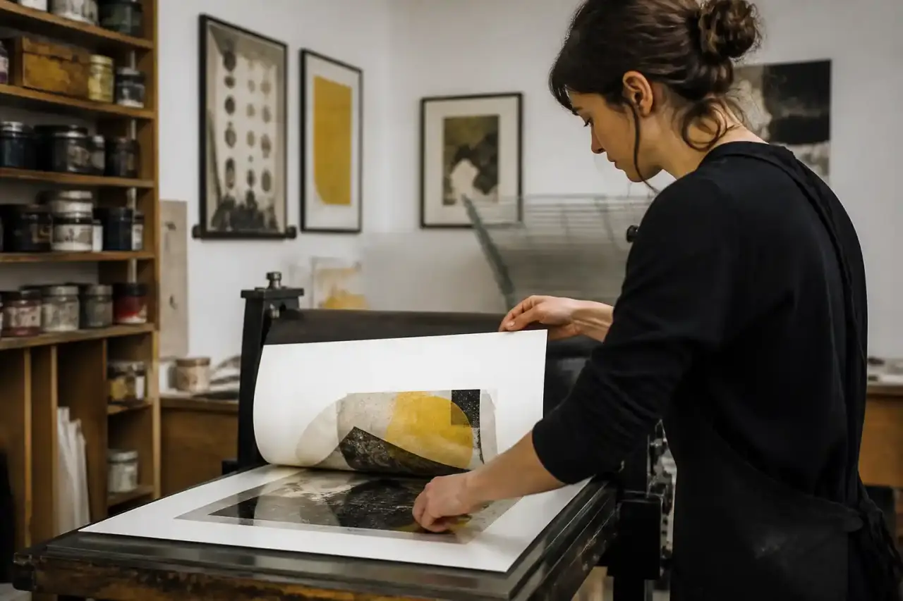 Plaque de cuivre encrée et estampe contemporaine sur papier coton dans un atelier de gravure
