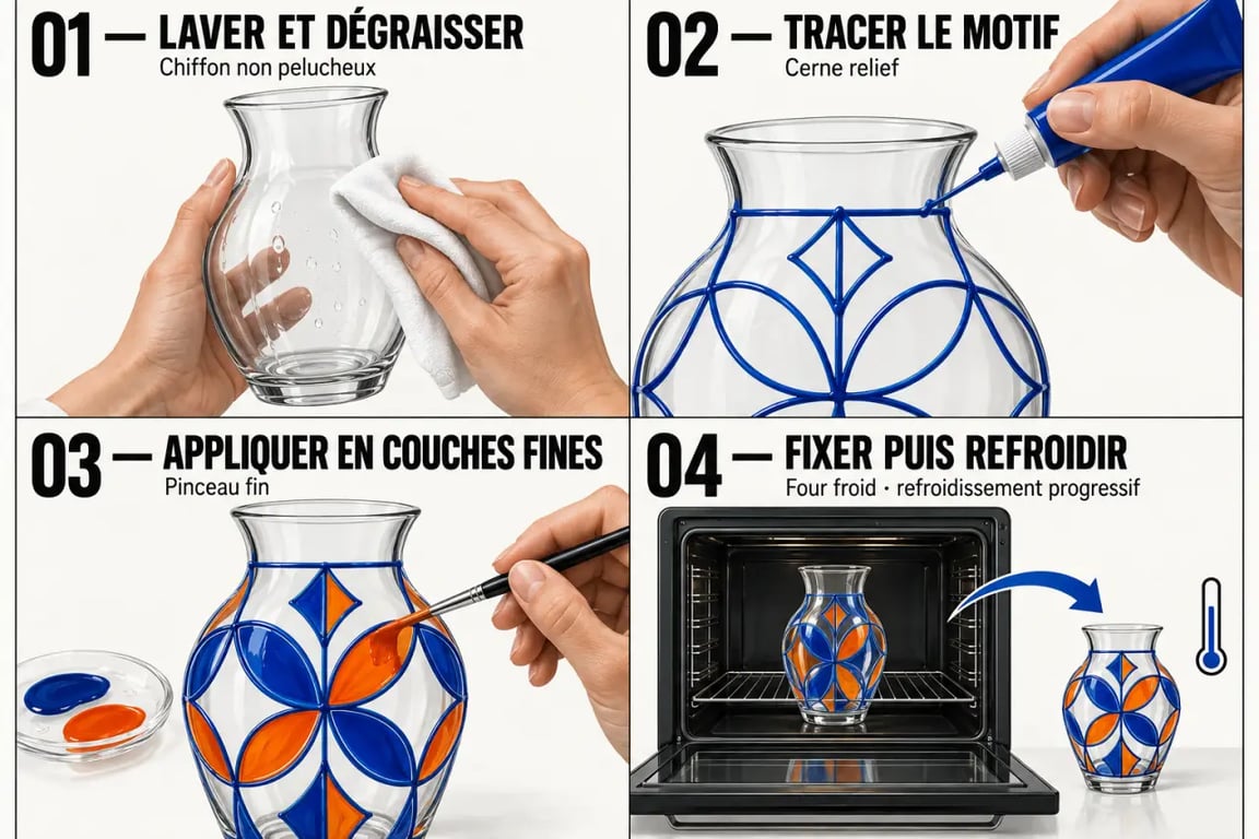 Étapes de peinture sur verre : nettoyage, application en couches fines et fixation au four