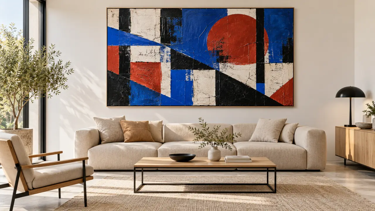 Affiches street art dans un salon contemporain avec cadre noir et mobilier en bois