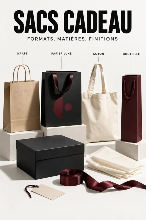 Différents formats et finitions de sac cadeau personnalisé en boutique