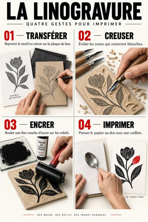 Étapes d'une linogravue avec plaque gravée, encrage et impression manuelle