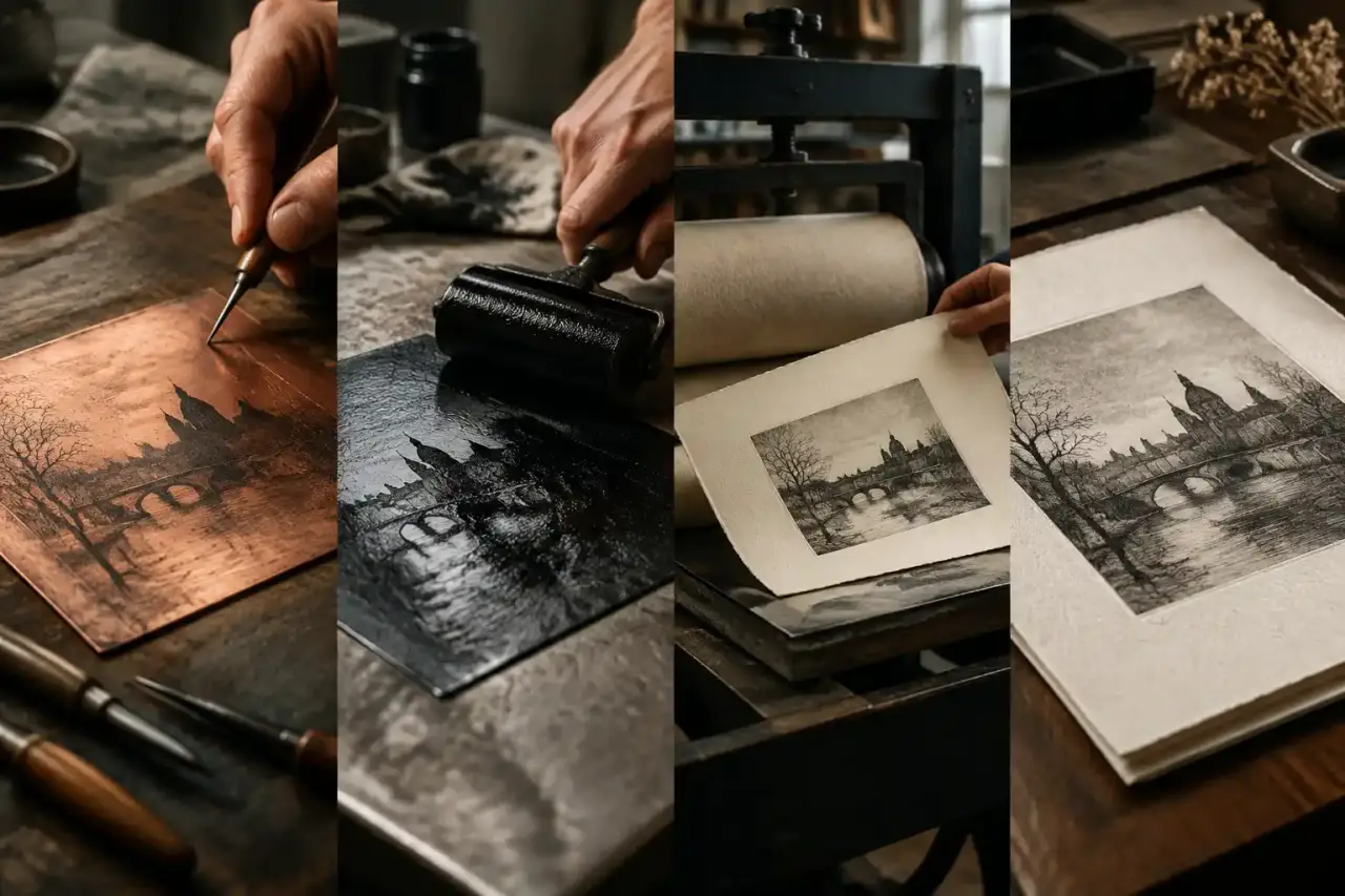 Plaque de cuivre gravée et estampe fraîchement imprimée dans un atelier d'art