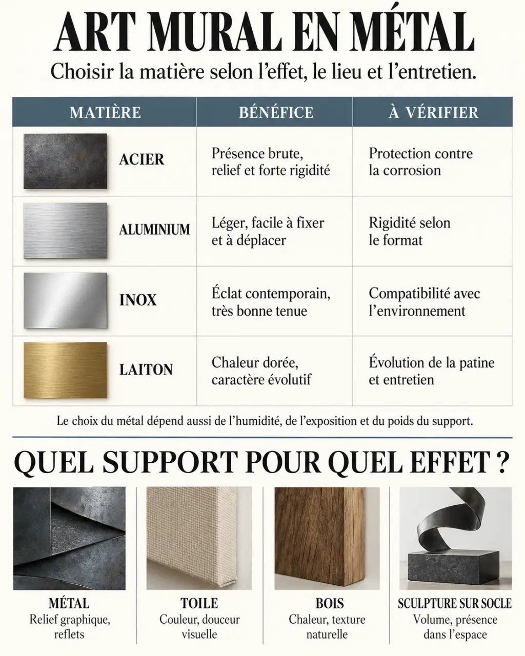 Infographie sur les matières et finitions d’un art mural métal