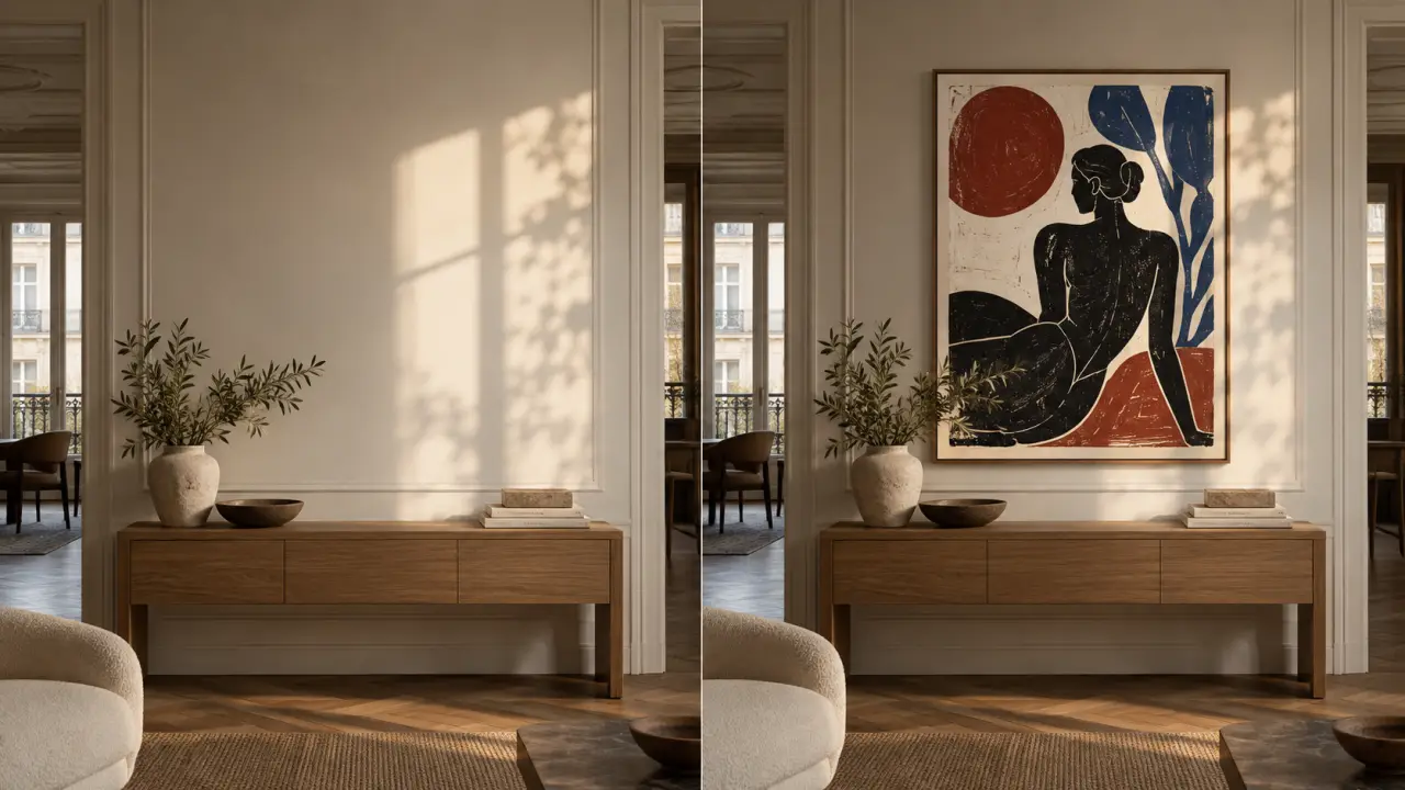 Linogravure contemporaine installée sur un mur clair dans un intérieur élégant