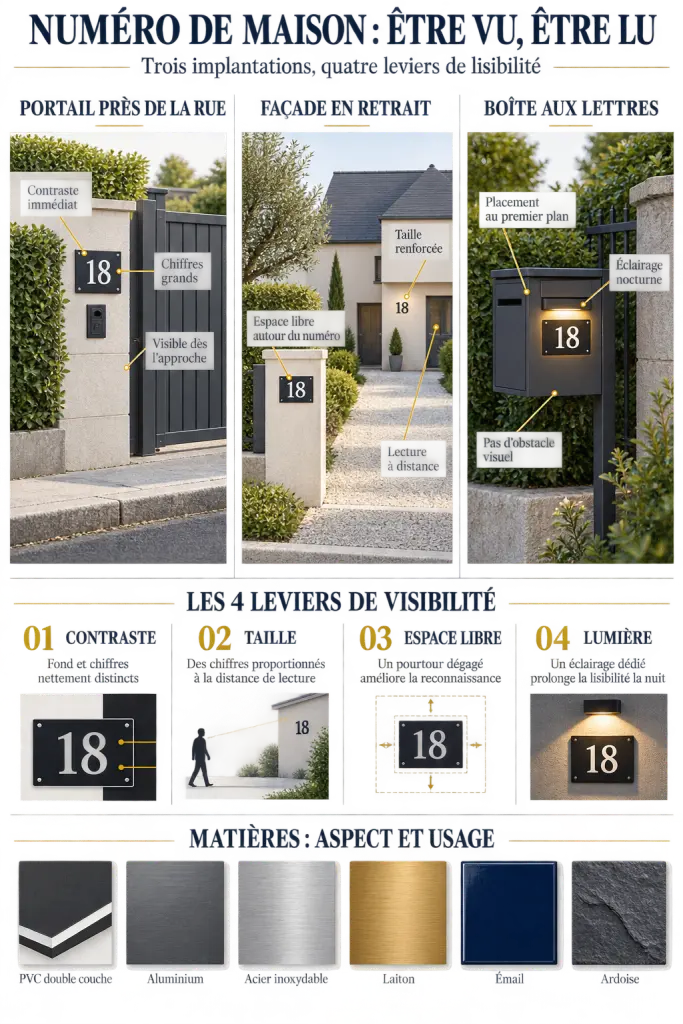 Plaque maison numero : comparaison de la visibilité selon l’emplacement, le contraste et le matériau