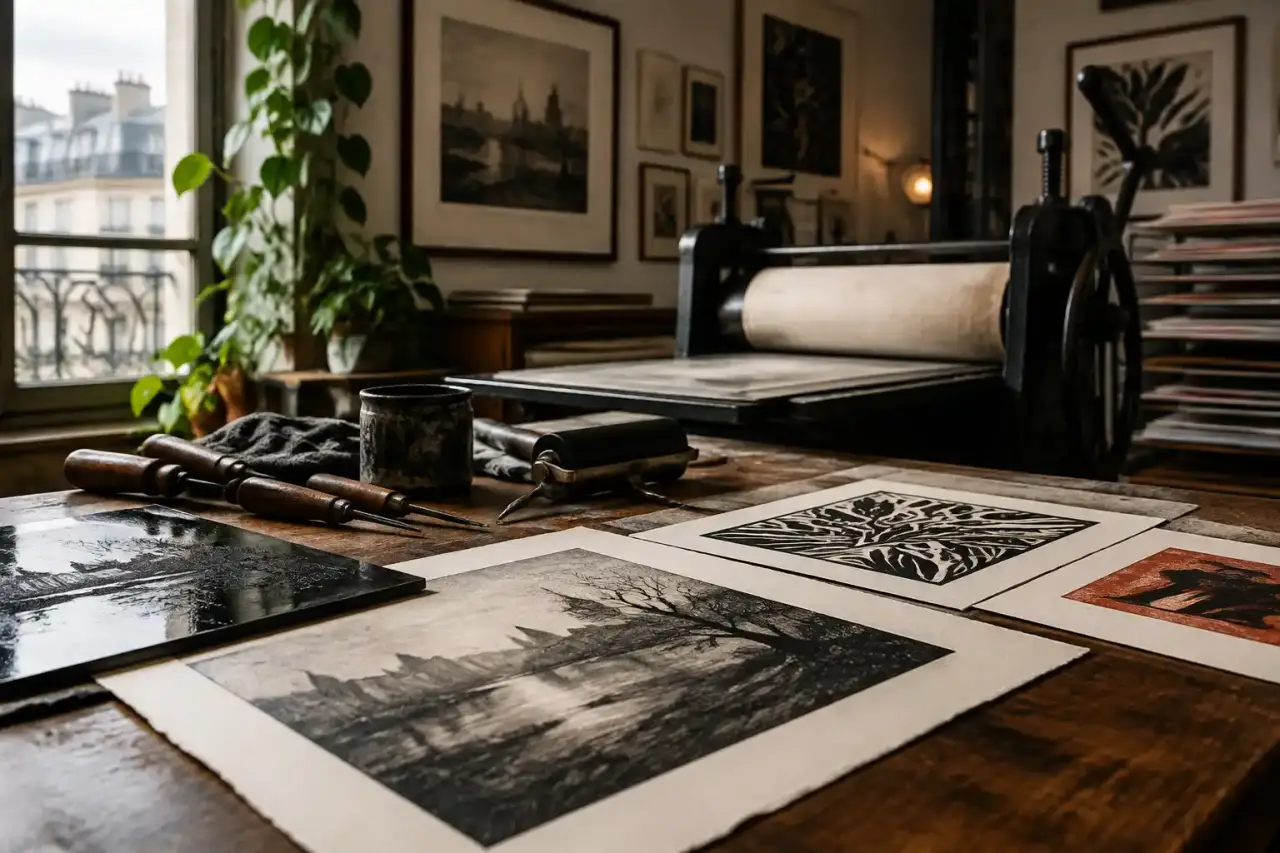 Presse d'imprimerie traditionnelle et estampes d'art contemporain
