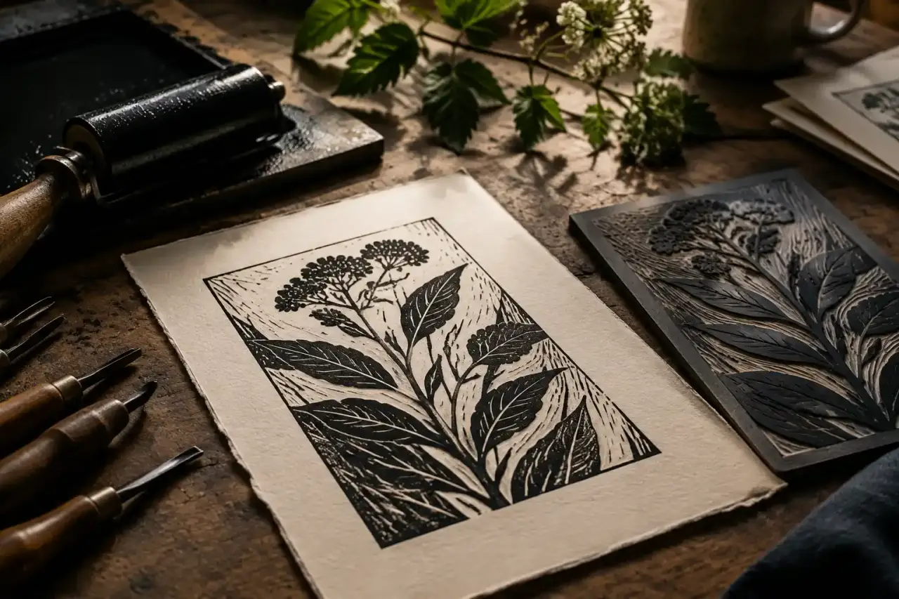 Linogravure botanique imprimée à la main dans un atelier d'artiste