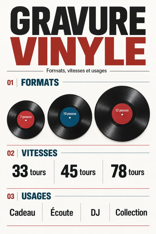 Infographie sur la gravure vinyle présentant les formats et vitesses de lecture