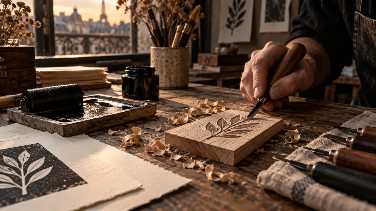 Plaque de bois gravée et outils de taille dans un atelier d'artiste