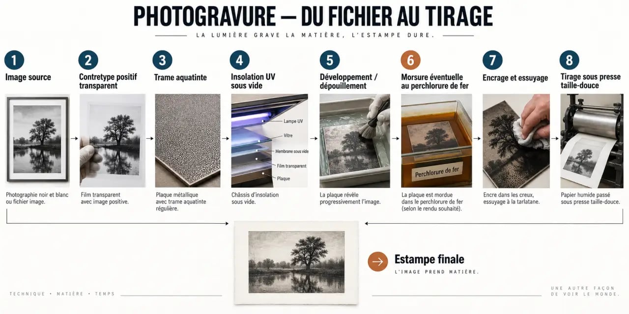 Schéma des étapes de la photogravure artistique, de l’image source au tirage sous presse