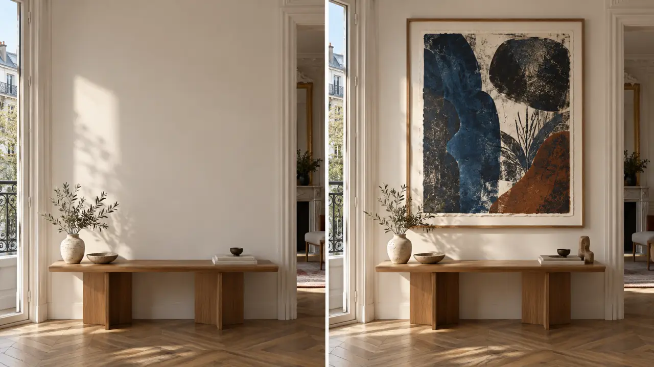 Estampe contemporaine encadrée sur un mur blanc dans un intérieur lumineux