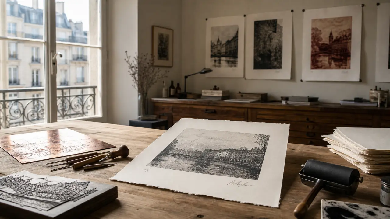 Plaque de cuivre gravée et estampe fraîchement imprimée, en noir profond, dans une lumière dramatique