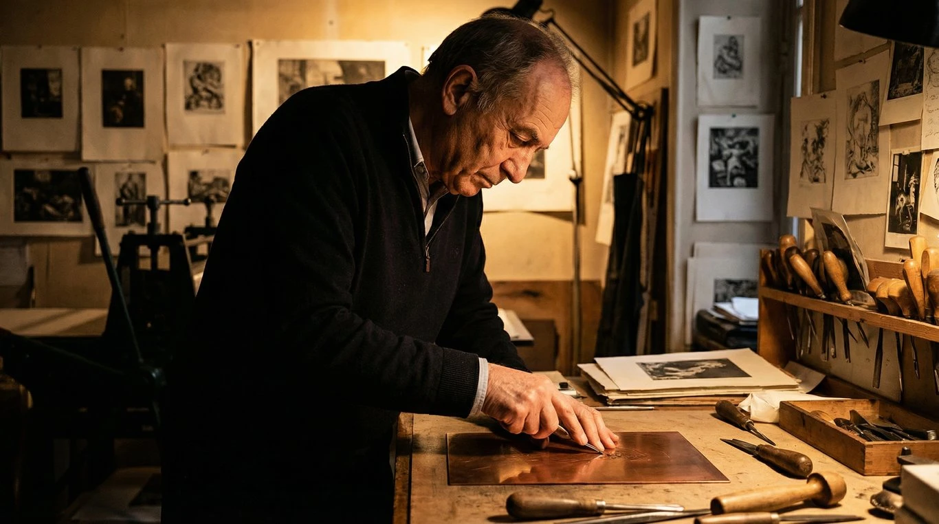 Portrait en noir et blanc de Malik Dubois dans son atelier, souriant avec des outils de gravure en main