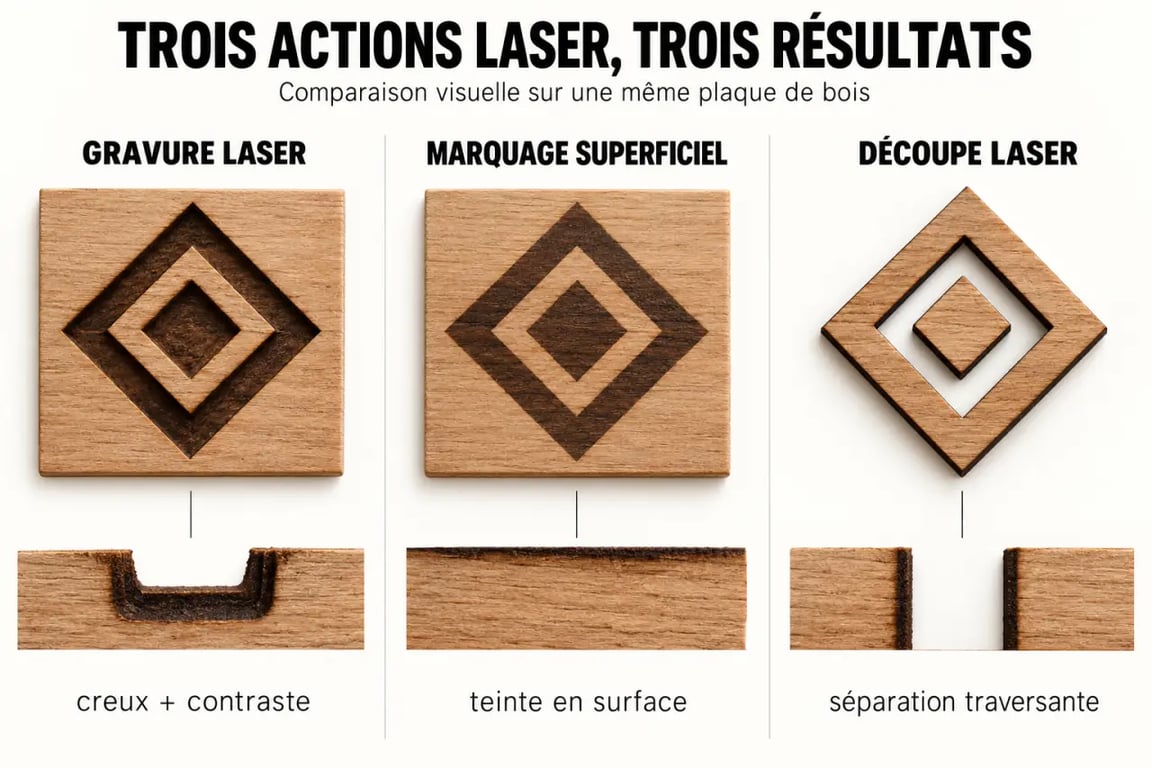 Différence entre gravure bois laser, marquage superficiel et découpe laser