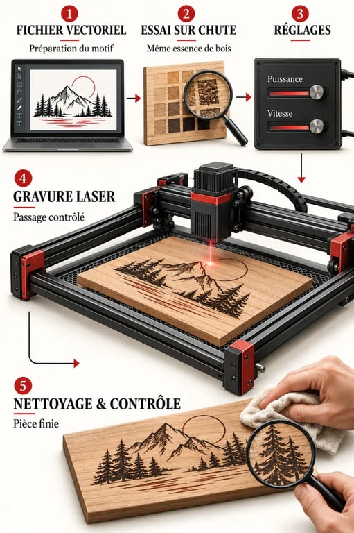 Processus de gravure bois laser, du fichier de préparation au contrôle de la pièce finie