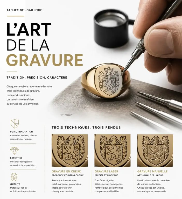Graver une chevalière : comparaison visuelle entre gravure héraldique, laser et manuelle