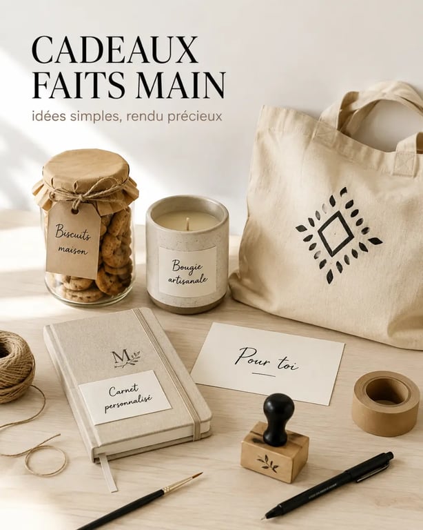 Idées de cadeau fait main inspirantes avec bocal gourmand, bougie, carnet et tote bag