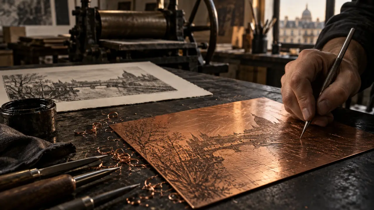 Plaque gravée à la pointe sèche et estampe fraîchement imprimée dans un atelier
