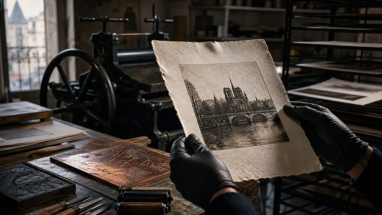 Macro d’une plaque de cuivre gravée et d’une estampe fraîchement imprimée, dans une lumière dramatique