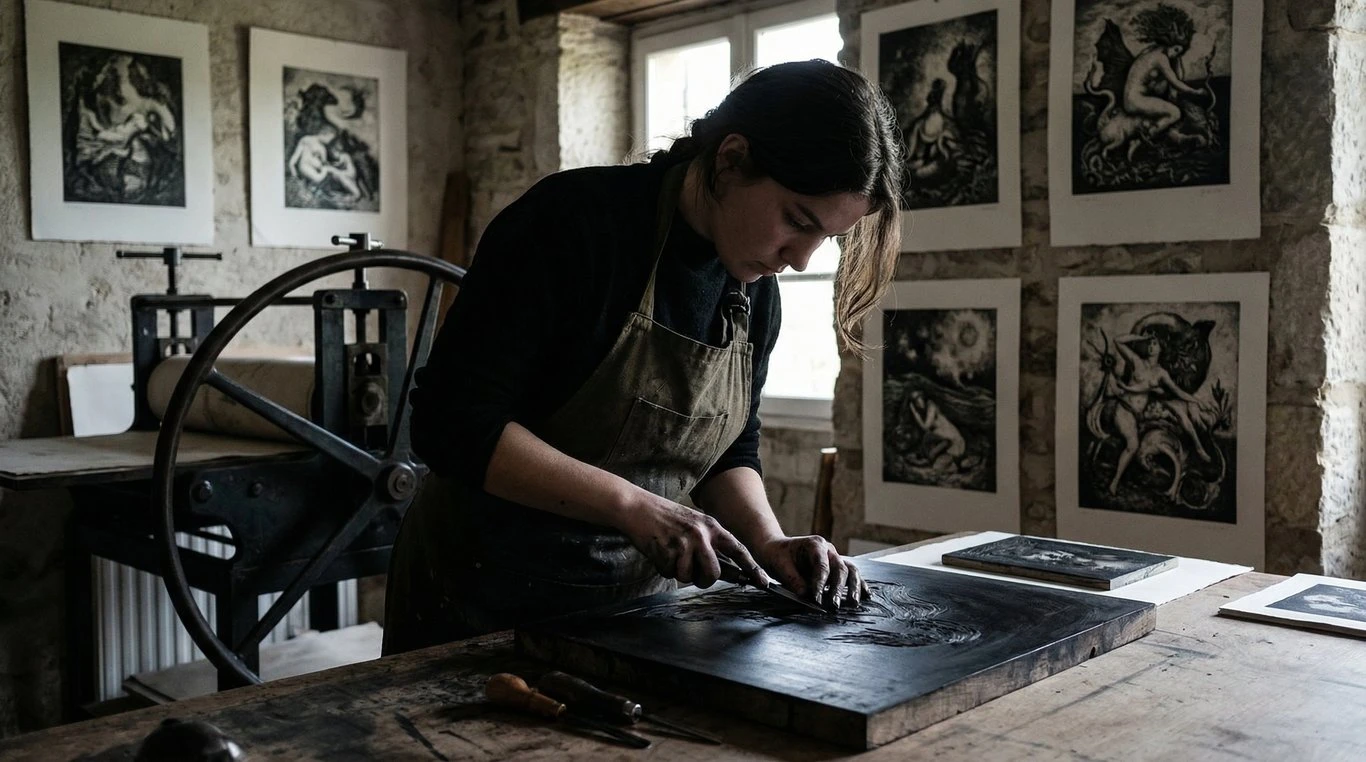 Portrait en noir et blanc de Sofia Moreau dans son studio, entourée de croquis et d’une presse à graver