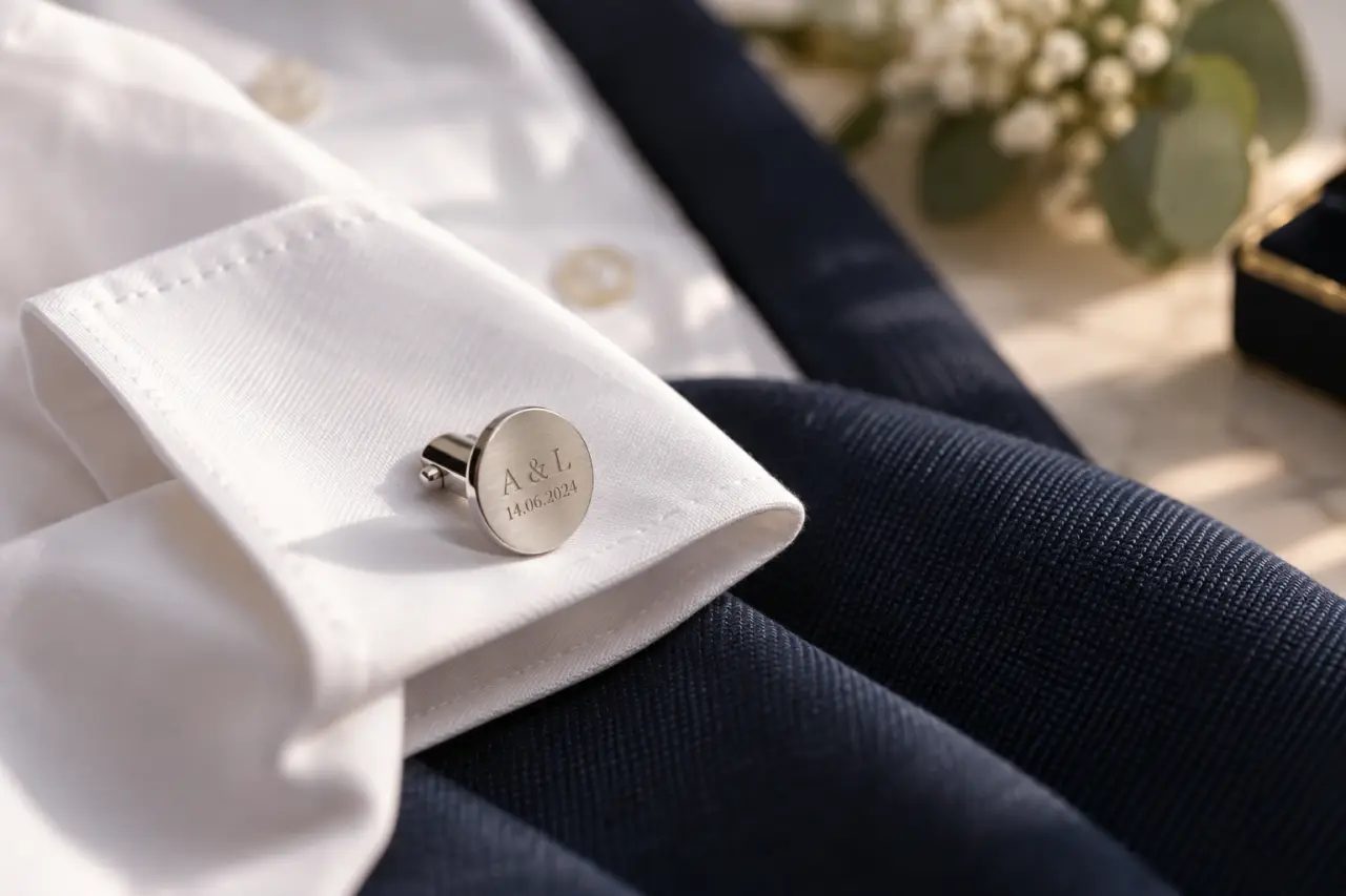 Bouton de manchette personnalisé : la gravure discrète qui accompagne le mariage bien après le jour J
