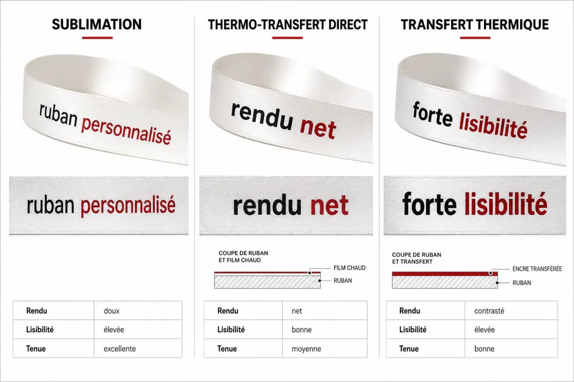 Personnalisation ruban : comparaison visuelle des techniques d’impression sur ruban satin avec rendu et lisibilité